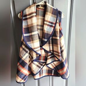 Altard State Vest Womens Small Tan Blue Plaid Waterfall Open Front Sweater